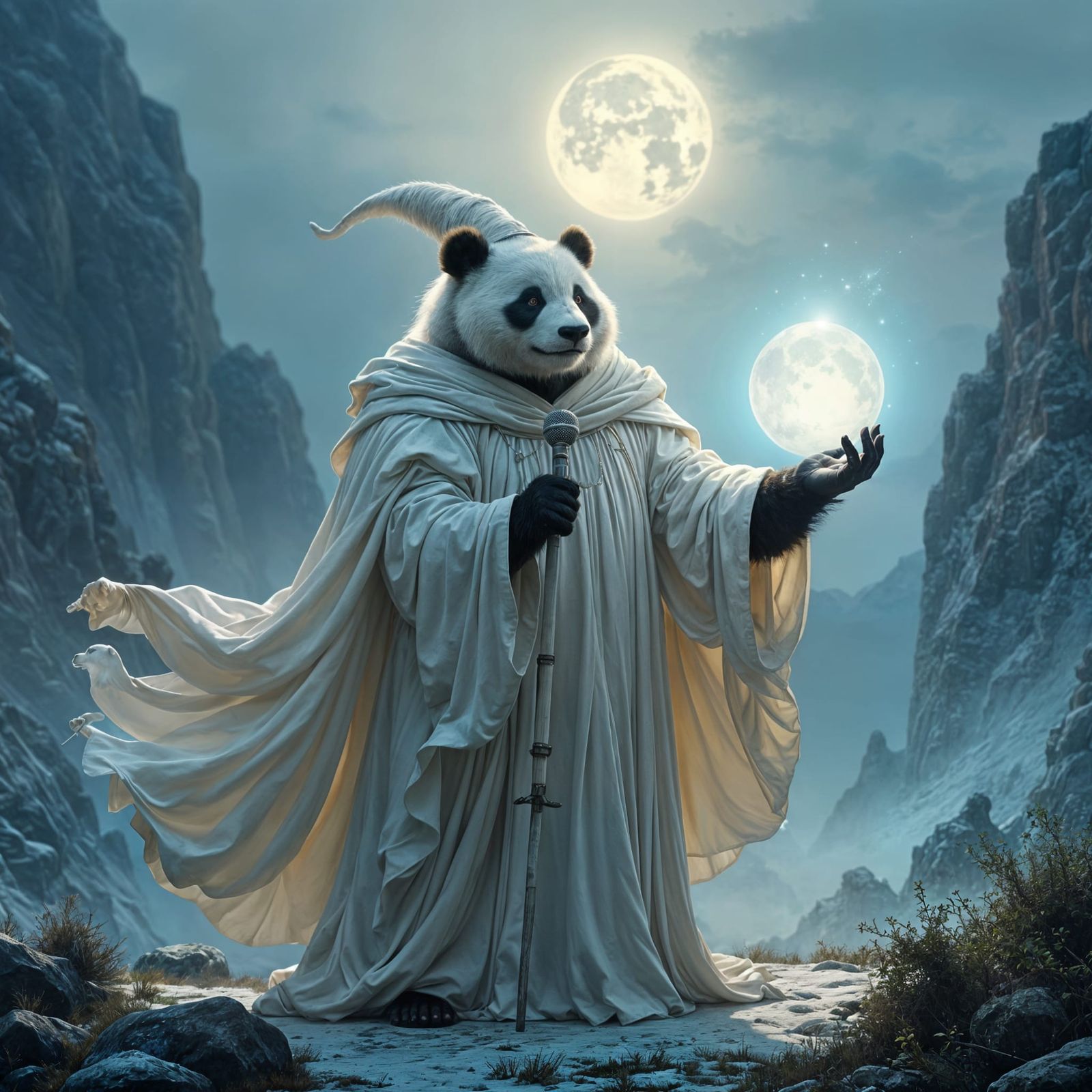 Pandalf Tha White holding a Microphone staff, while holding a glowing orb.